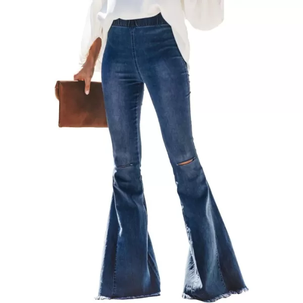 Sidefeel Women Destroyed Flare Jeans Elastic Waist Bell Bottom Raw Hem Denim Pants
