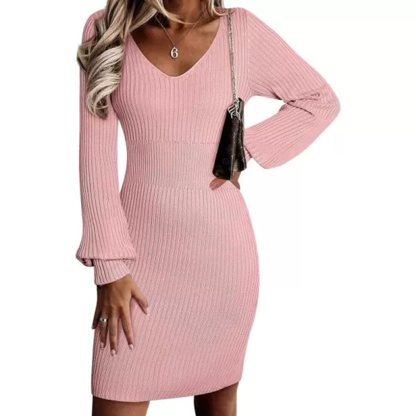 Sidefeel Womens 2024 Winter Ribbed Knit Sweater Dress Casual Long Sleeve Fall Dresses Sexy V Neck Bodycon Mini Dress