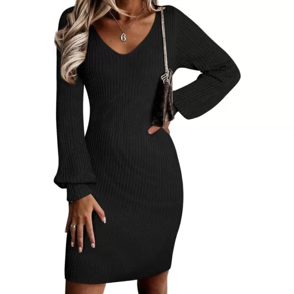 Sidefeel Womens 2024 Winter Ribbed Knit Sweater Dress Casual Long Sleeve Fall Dresses Sexy V Neck Bodycon Mini Dress