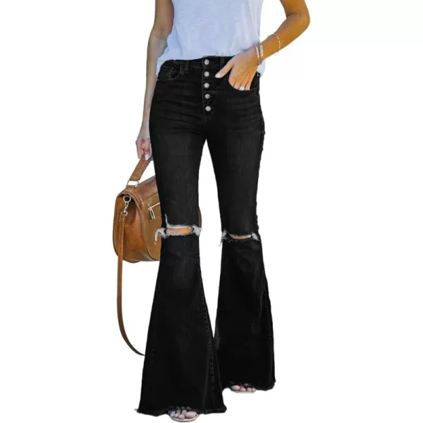 Sidefeel Women's Bell Bottom Button Fly Bootcut Jeans Ripped Flared Denim Pants