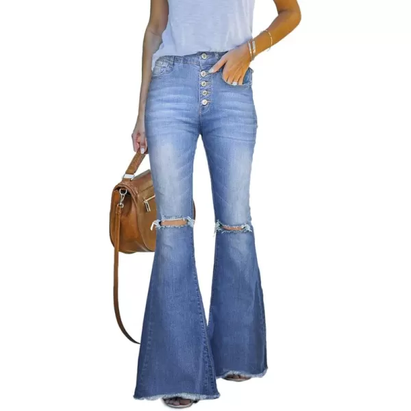Sidefeel Women's Bell Bottom Button Fly Bootcut Jeans Ripped Flared Denim Pants