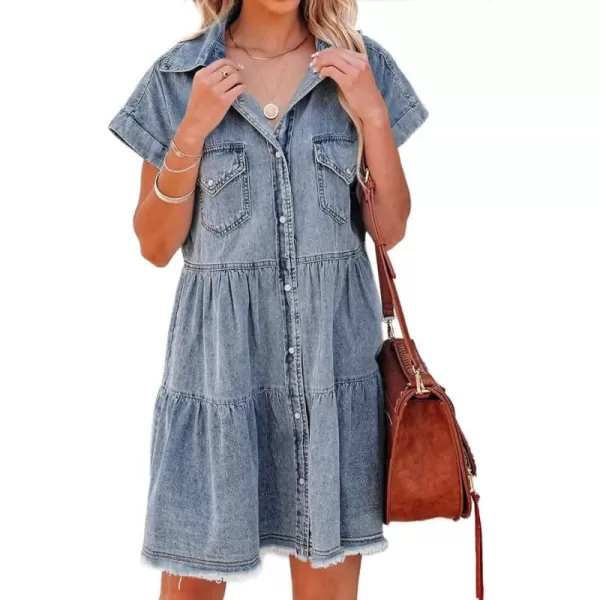 Sidefeel Womens Buttoned Frayed Pocket Short Sleeve Denim Jean Dresses