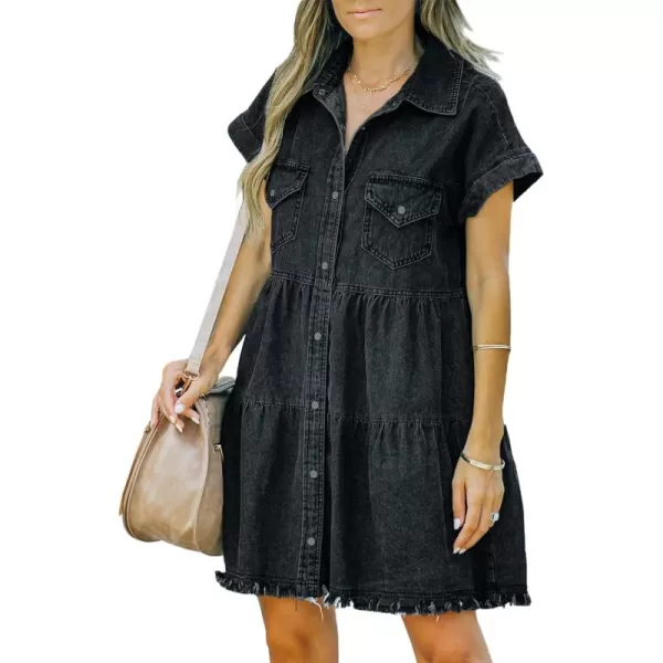 Sidefeel Womens Buttoned Frayed Pocket Short Sleeve Denim Jean Dresses