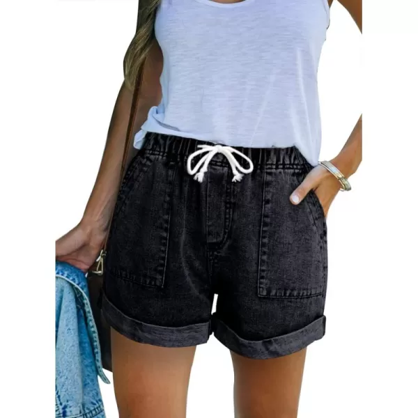 Sidefeel Womens Casual Elastic Waist Rolled Hem Denim Shorts Drawstring Loose Fit Jean Shorts