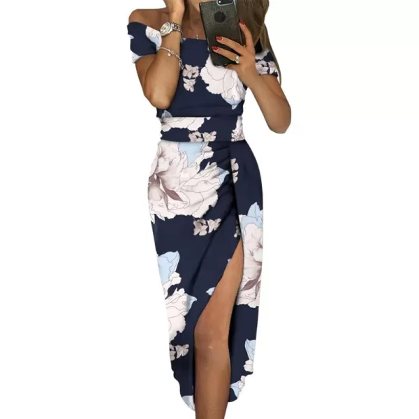 Sidefeel Women's Casual Off The Shoulder Floral Print Ruched High Slit Bodycon Evening Party Dress