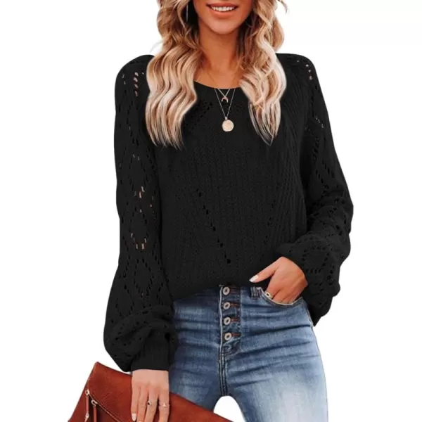 Sidefeel Women's Crewneck Hollow Out Crochet Tops Long Sleeve Knit Sweaters Pullover Fall Fashion
