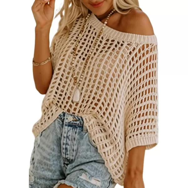 Sidefeel Women's Crochet Tops Short Sleeve Sweater 2024 Fashion Hollow Out Scoop Neck Pullover Knit Tops Cover Ups