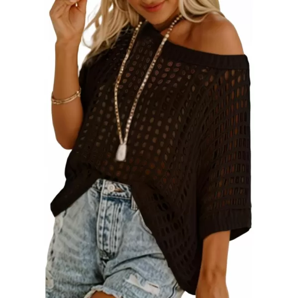 Sidefeel Women's Crochet Tops Short Sleeve Sweater 2024 Fashion Hollow Out Scoop Neck Pullover Knit Tops Cover Ups