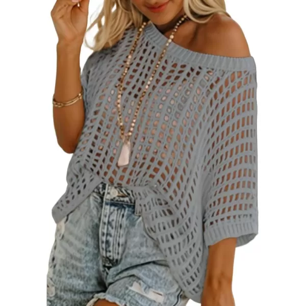 Sidefeel Women's Crochet Tops Short Sleeve Sweater 2024 Fashion Hollow Out Scoop Neck Pullover Knit Tops Cover Ups