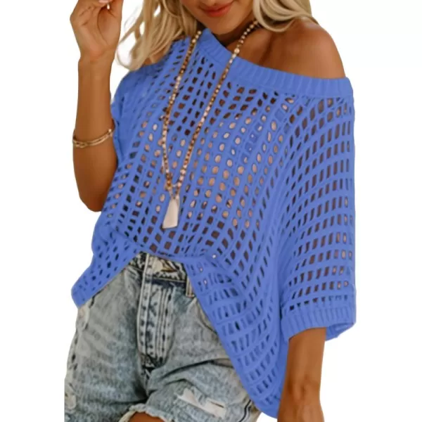 Sidefeel Women's Crochet Tops Short Sleeve Sweater 2024 Fashion Hollow Out Scoop Neck Pullover Knit Tops Cover Ups
