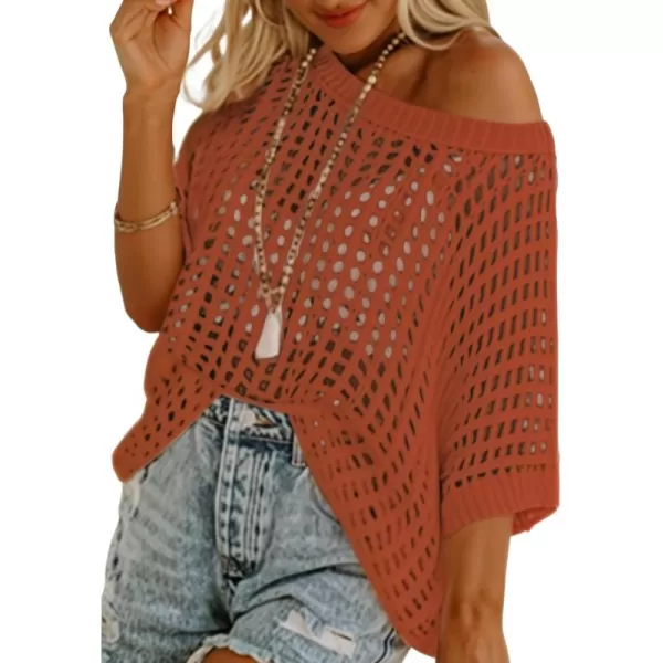Sidefeel Women's Crochet Tops Short Sleeve Sweater 2024 Fashion Hollow Out Scoop Neck Pullover Knit Tops Cover Ups