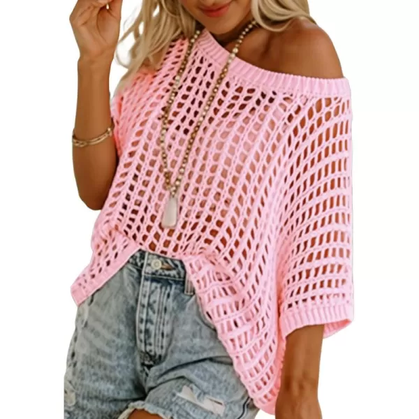 Sidefeel Women's Crochet Tops Short Sleeve Sweater 2024 Fashion Hollow Out Scoop Neck Pullover Knit Tops Cover Ups