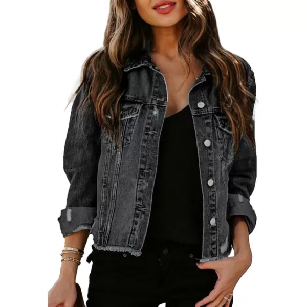 Sidefeel Women's Denim Jacket Long Sleeve Button Distressed Ripped Jean Coat