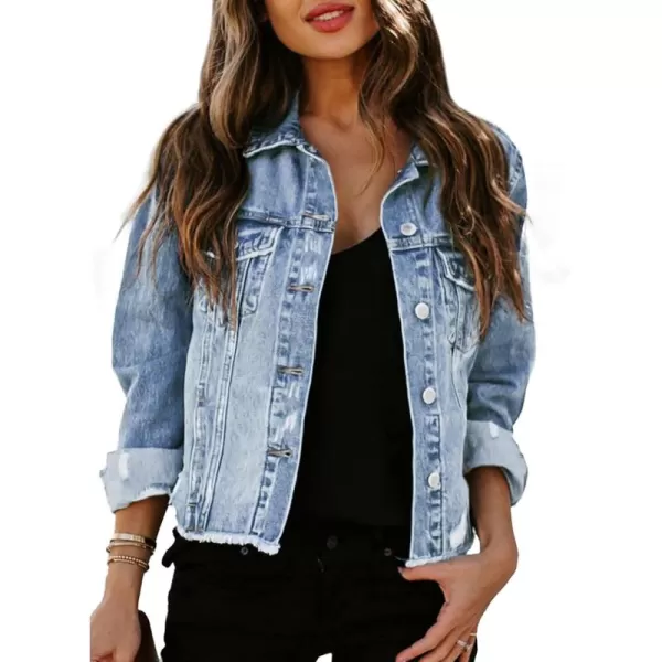 Sidefeel Women's Denim Jacket Long Sleeve Button Distressed Ripped Jean Coat