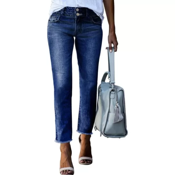 Sidefeel Women's High Waisted Jeans Strechy Raw Hem Straight Leg Denim Pants with Pockets