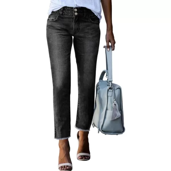 Sidefeel Women's High Waisted Jeans Strechy Raw Hem Straight Leg Denim Pants with Pockets