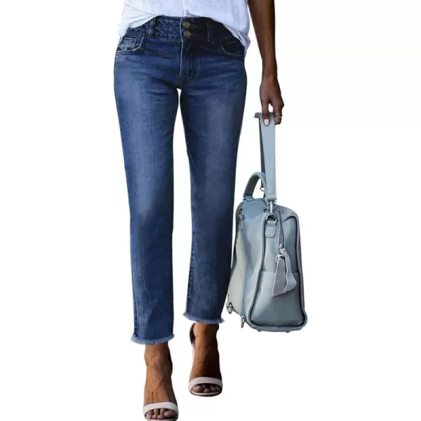 Sidefeel Women's High Waisted Jeans Strechy Raw Hem Straight Leg Denim Pants with Pockets