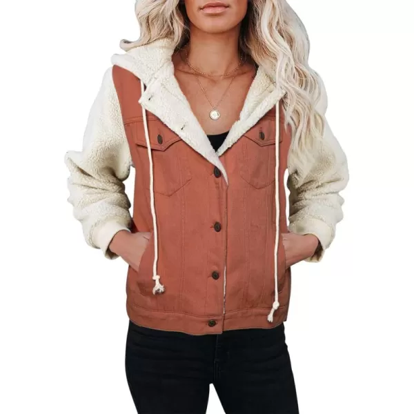 Sidefeel Womens Long Sleeve Button Up Denim Jackets Patchwork Fleece Hooded Coat with Pockets