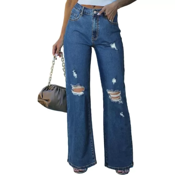 Sidefeel Women's Ripped High Waisted Flared Jeans Wide Leg Destroyed Denim Pants
