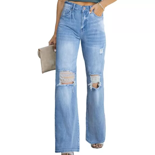 Sidefeel Women's Ripped High Waisted Flared Jeans Wide Leg Destroyed Denim Pants