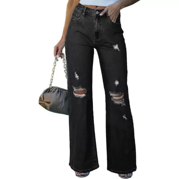 Sidefeel Women's Ripped High Waisted Flared Jeans Wide Leg Destroyed Denim Pants