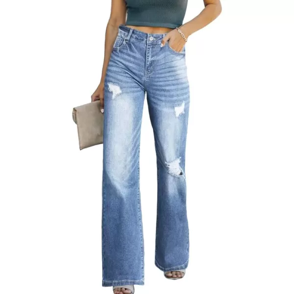Sidefeel Women's Ripped High Waisted Flared Jeans Wide Leg Destroyed Denim Pants