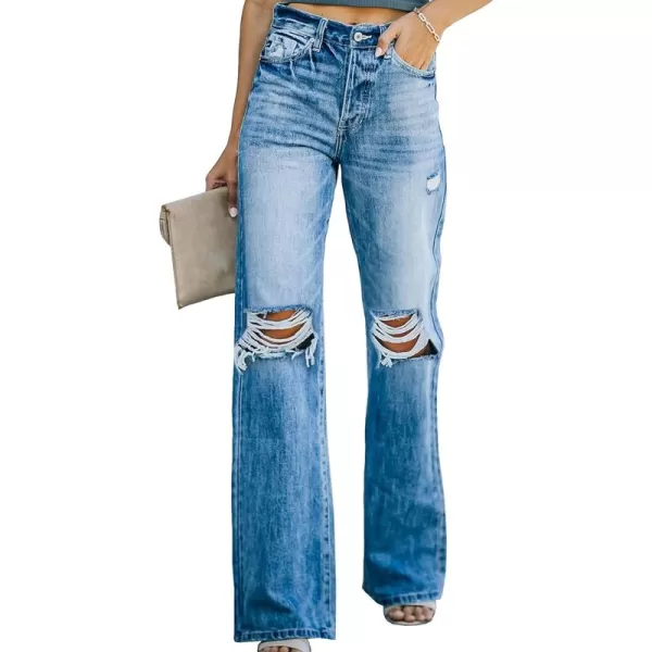 Sidefeel Women's Ripped High Waisted Flared Jeans Wide Leg Destroyed Denim Pants