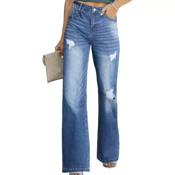 Sidefeel Women's Ripped High Waisted Flared Jeans Wide Leg Destroyed Denim Pants