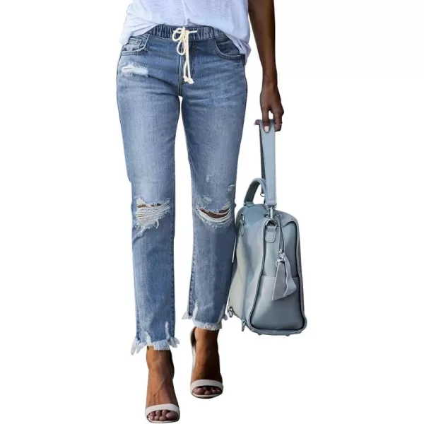 Sidefeel Women's Ripped Jogger Jeans Drawstring Elastic Waist Denim Pants