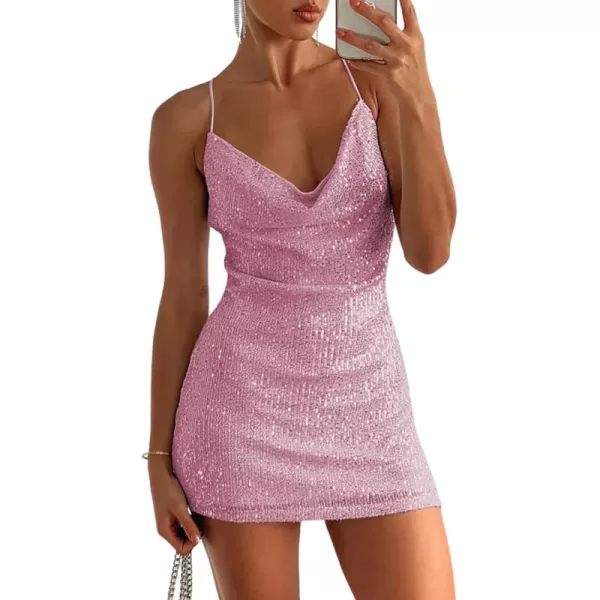 Sidefeel Women's Square Neck Bodice Dress Sequin Glitter Sexy Spaghetti Strap Sleeveless Backless Bodycon Mini Dresses