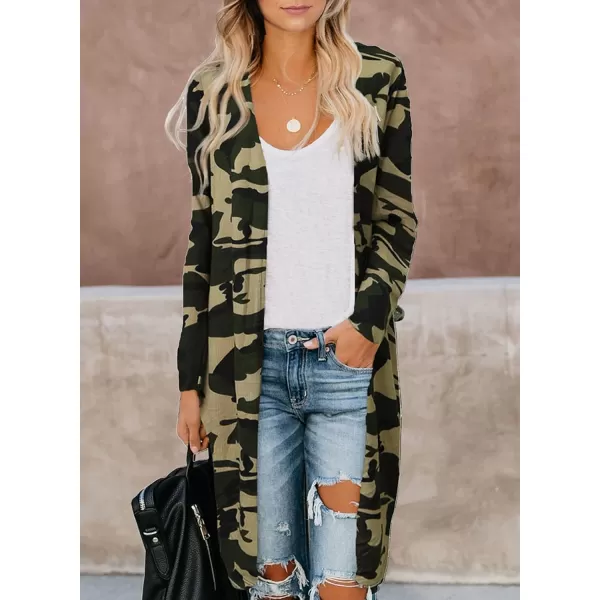 Sidefeel Women Long Sleeve Open Front Camo Print Knit Cardigans