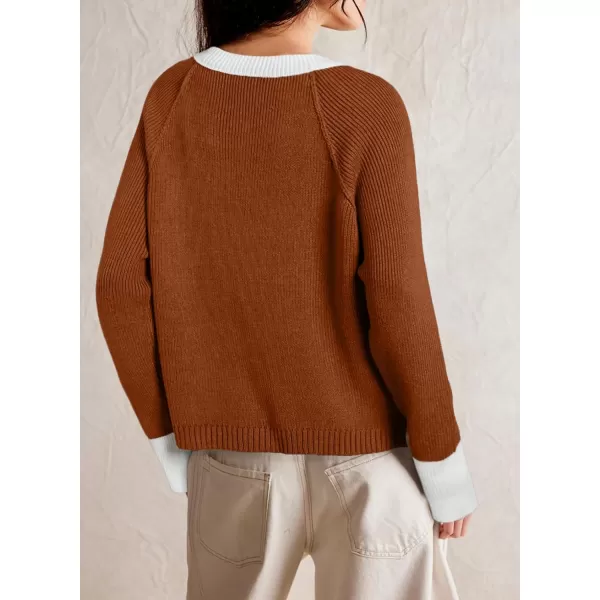 Sidefeel Women's 2024 Fall Long Sleeve Crewneck Cropped Cardigan Sweaters Contrast Button Down Knit Sweaters Coat