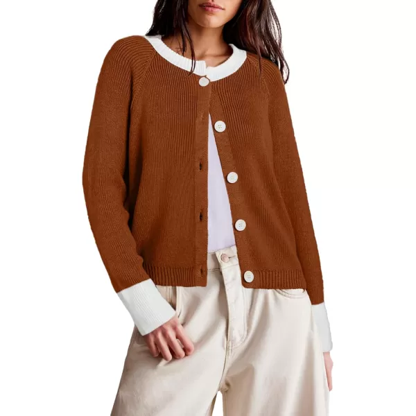 Sidefeel Women's 2024 Fall Long Sleeve Crewneck Cropped Cardigan Sweaters Contrast Button Down Knit Sweaters Coat