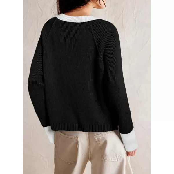 Sidefeel Women's 2024 Fall Long Sleeve Crewneck Cropped Cardigan Sweaters Contrast Button Down Knit Sweaters Coat
