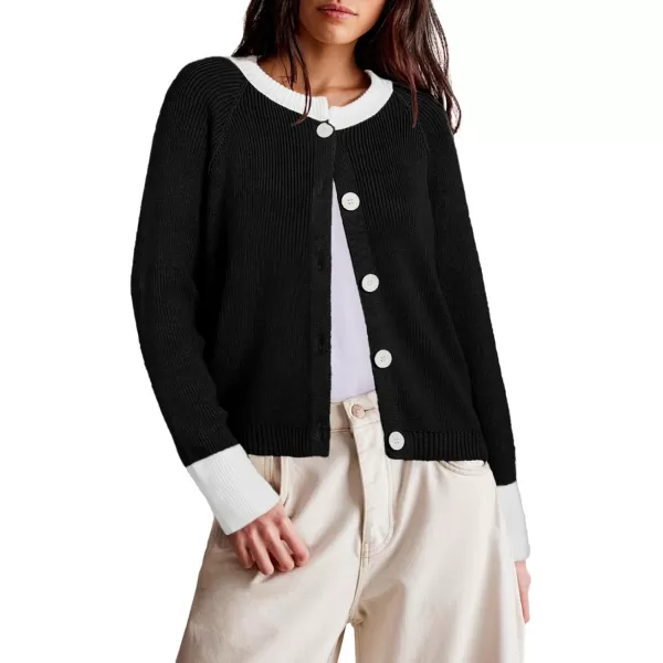 Sidefeel Women's 2024 Fall Long Sleeve Crewneck Cropped Cardigan Sweaters Contrast Button Down Knit Sweaters Coat
