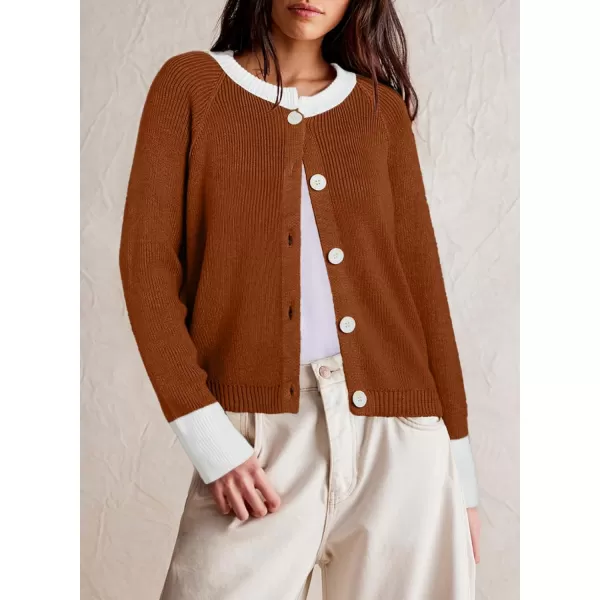 Sidefeel Women's 2024 Fall Long Sleeve Crewneck Cropped Cardigan Sweaters Contrast Button Down Knit Sweaters Coat