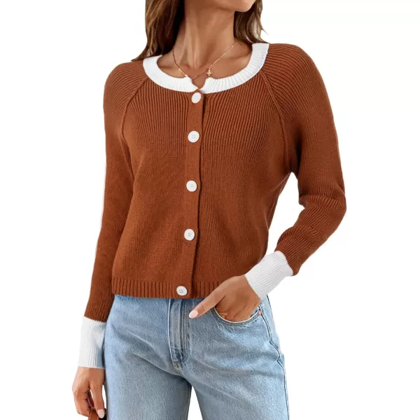 Sidefeel Women's 2024 Fall Long Sleeve Crewneck Cropped Cardigan Sweaters Contrast Button Down Knit Sweaters Coat