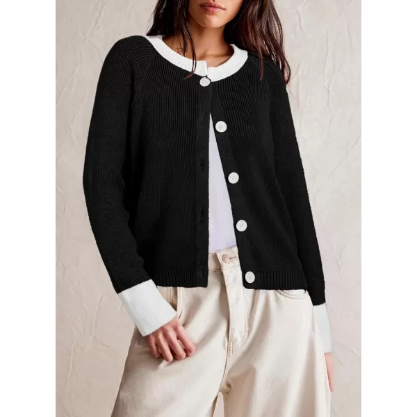 Sidefeel Women's 2024 Fall Long Sleeve Crewneck Cropped Cardigan Sweaters Contrast Button Down Knit Sweaters Coat