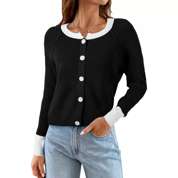 Sidefeel Women's 2024 Fall Long Sleeve Crewneck Cropped Cardigan Sweaters Contrast Button Down Knit Sweaters Coat