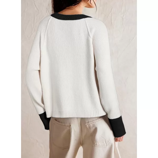 Sidefeel Women's 2024 Fall Long Sleeve Crewneck Cropped Cardigan Sweaters Contrast Button Down Knit Sweaters Coat