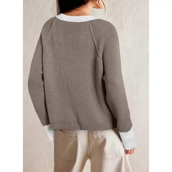 Sidefeel Women's 2024 Fall Long Sleeve Crewneck Cropped Cardigan Sweaters Contrast Button Down Knit Sweaters Coat