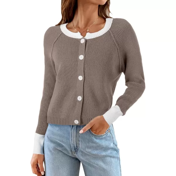 Sidefeel Women's 2024 Fall Long Sleeve Crewneck Cropped Cardigan Sweaters Contrast Button Down Knit Sweaters Coat