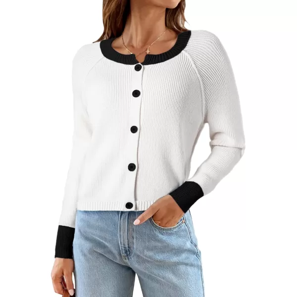 Sidefeel Women's 2024 Fall Long Sleeve Crewneck Cropped Cardigan Sweaters Contrast Button Down Knit Sweaters Coat