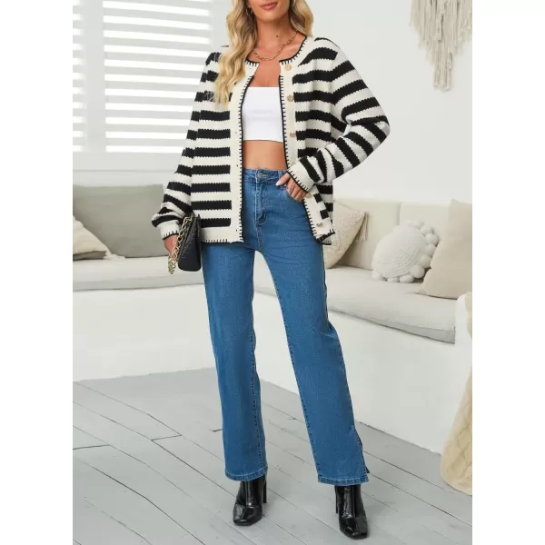 Sidefeel Women's Cardigan Sweaters Striped Open Front Button Down Knitted Cropped Fall Fashion Outwear
