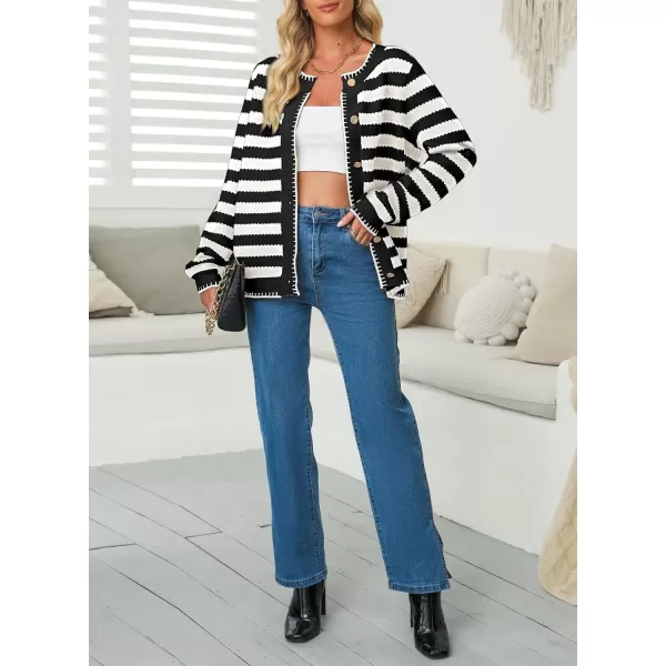 Sidefeel Women's Cardigan Sweaters Striped Open Front Button Down Knitted Cropped Fall Fashion Outwear