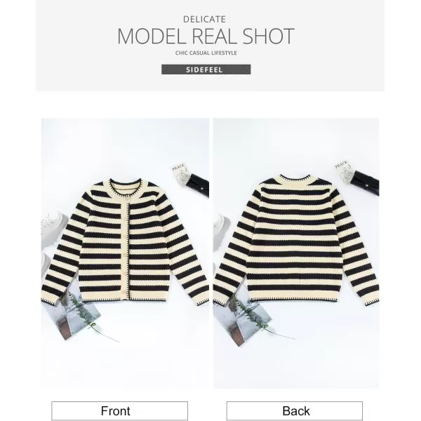 Sidefeel Women's Cardigan Sweaters Striped Open Front Button Down Knitted Cropped Fall Fashion Outwear