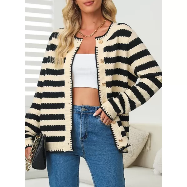 Sidefeel Women's Cardigan Sweaters Striped Open Front Button Down Knitted Cropped Fall Fashion Outwear
