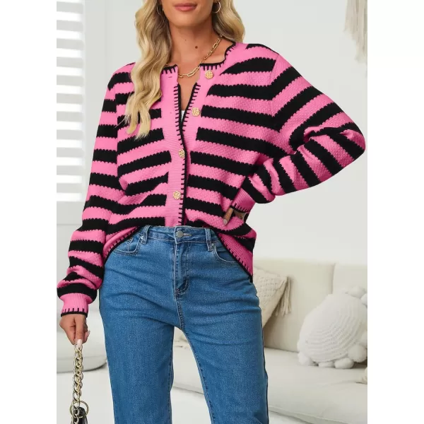 Sidefeel Women's Cardigan Sweaters Striped Open Front Button Down Knitted Cropped Fall Fashion Outwear