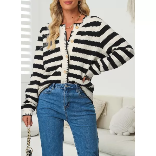 Sidefeel Women's Cardigan Sweaters Striped Open Front Button Down Knitted Cropped Fall Fashion Outwear