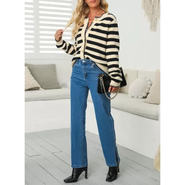 Sidefeel Women's Cardigan Sweaters Striped Open Front Button Down Knitted Cropped Fall Fashion Outwear